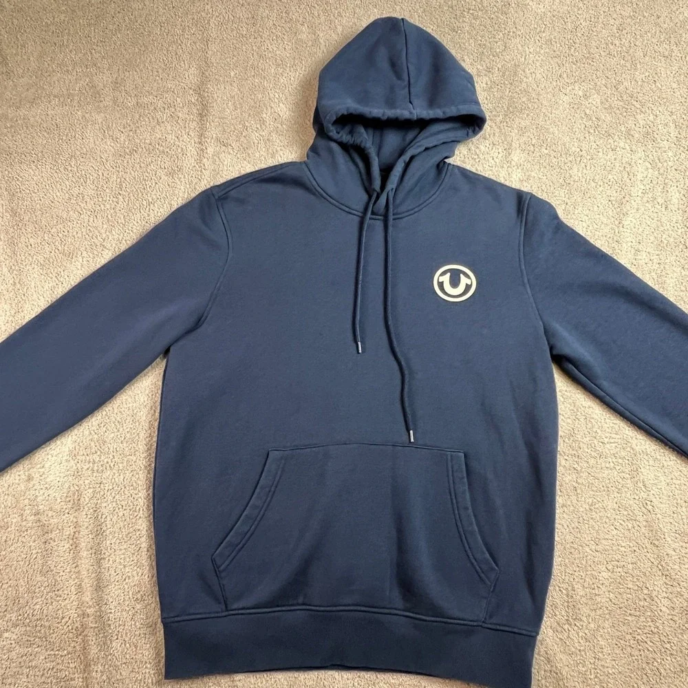True Religion Hoodie Mens Medium Blue Horseshoe‎ Logo Pullover Sweatshirt